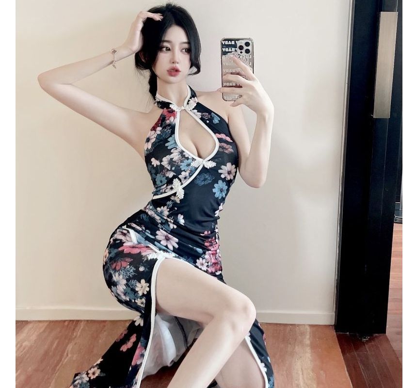 Halter Neck Keyhole Floral Print Slit Maxi Bodycon Dress aa32 MK Kawaii Store