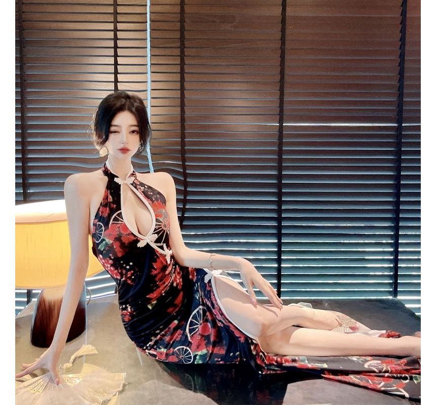 Halter Neck Keyhole Floral Print Slit Maxi Bodycon Dress aa32 MK Kawaii Store