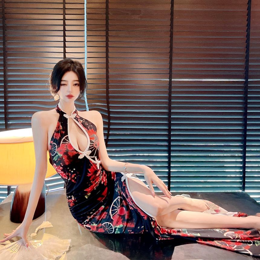 Halter Neck Keyhole Floral Print Slit Maxi Bodycon Dress aa32 MK Kawaii Store