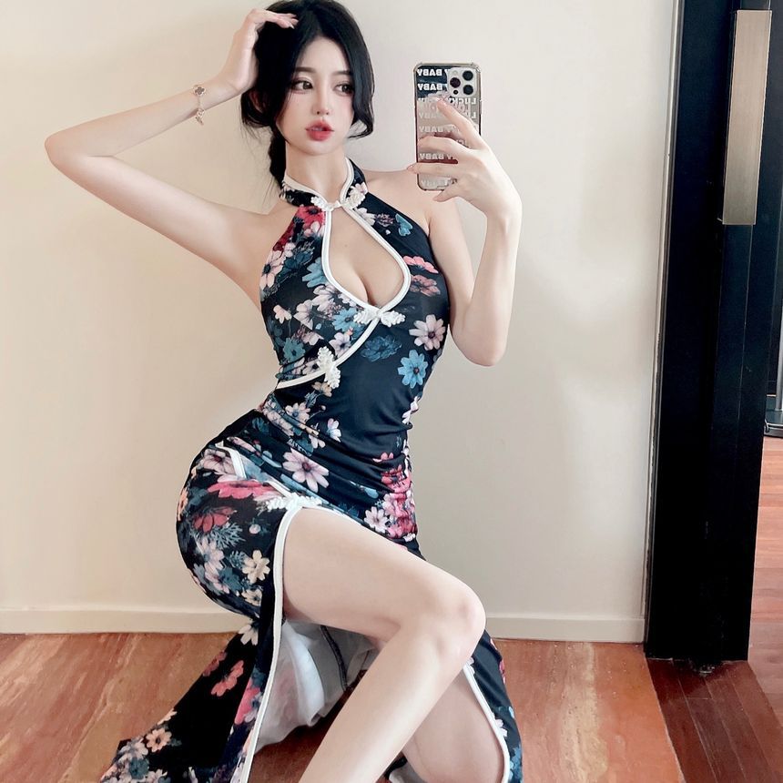 Halter Neck Keyhole Floral Print Slit Maxi Bodycon Dress aa32 MK Kawaii Store