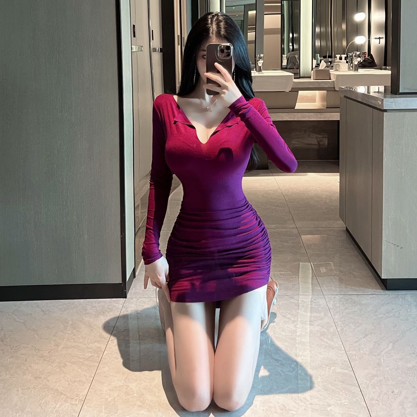 Long-Sleeve Scoop Neck Plain Mini Bodycon Knit Dress aa36 MK Kawaii Store