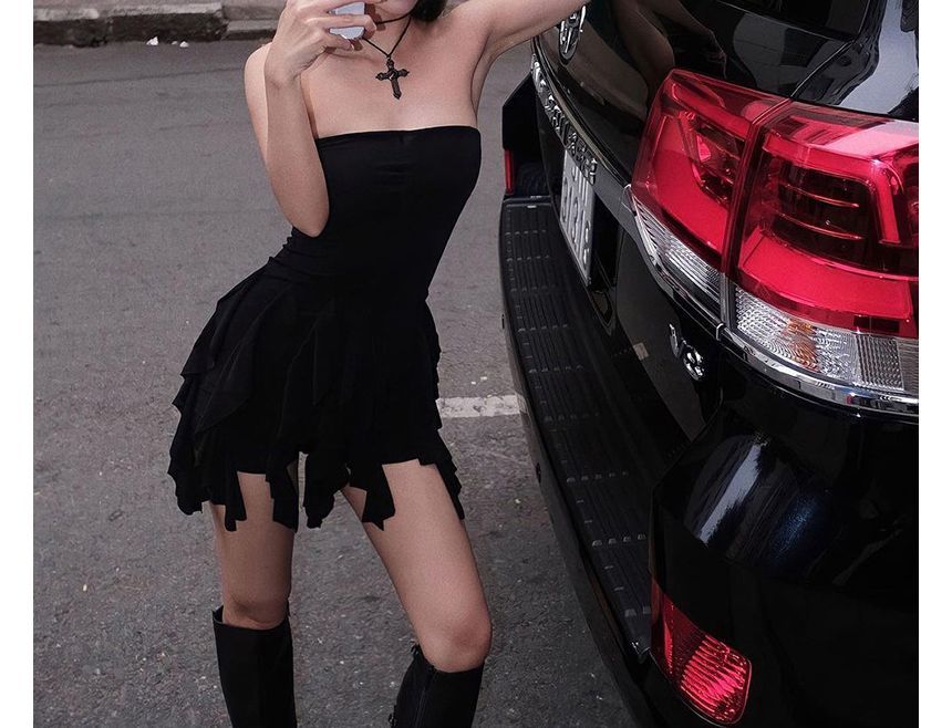 Strapless Plain Ruffle Mini Sheath Dress kk3 MK Kawaii Store