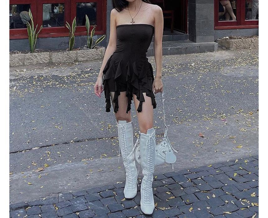 Strapless Plain Ruffle Mini Sheath Dress kk3 MK Kawaii Store