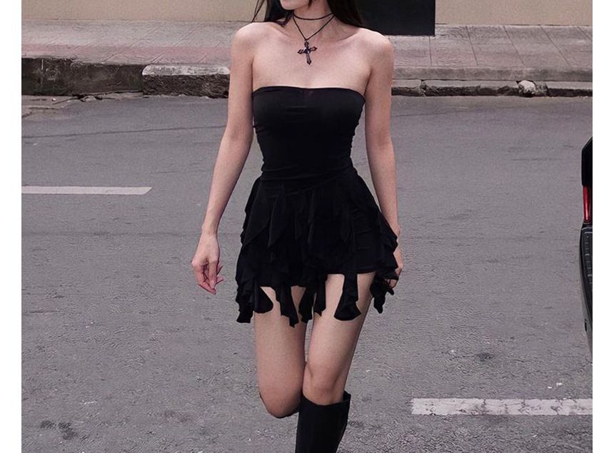 Strapless Plain Ruffle Mini Sheath Dress kk3 MK Kawaii Store