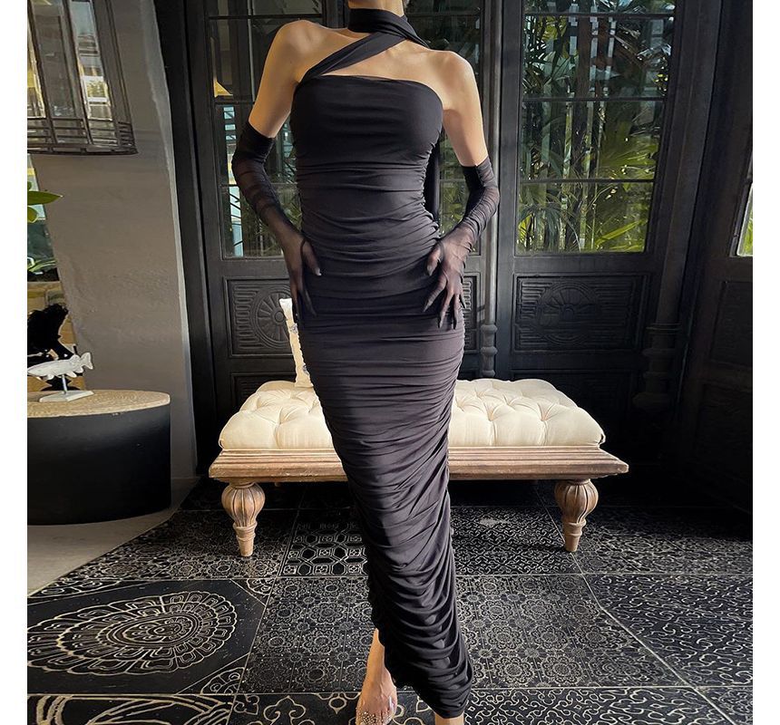 Set: One-Shoulder Plain Ruched Maxi Sheath Dress + Gloves kk1 MK Kawaii Store