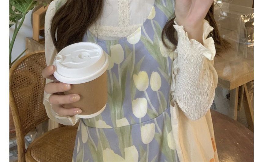 Puff-Sleeve High Neck Plain Smocked Ruffled Blouse / Floral Print Midi Overall Dress kk25 MK Kawaii Store