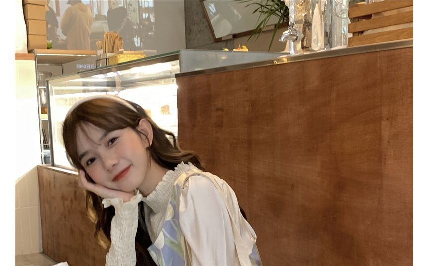 Puff-Sleeve High Neck Plain Smocked Ruffled Blouse / Floral Print Midi Overall Dress kk25 MK Kawaii Store