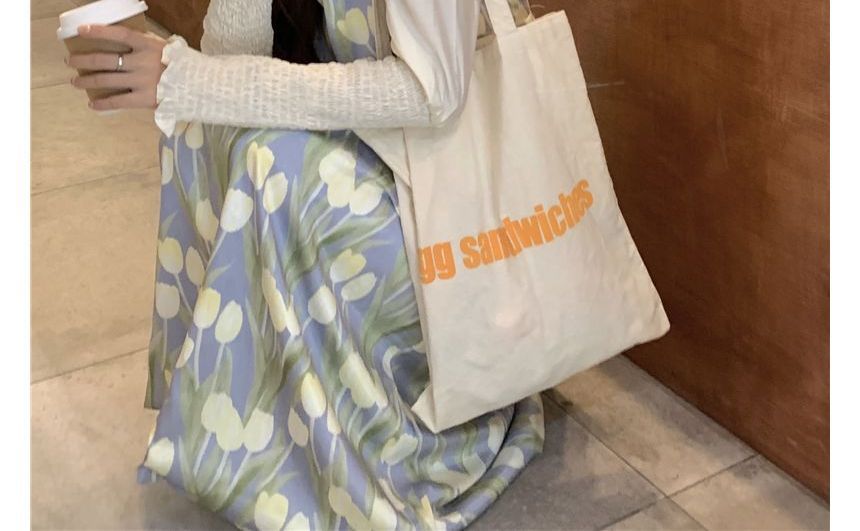 Puff-Sleeve High Neck Plain Smocked Ruffled Blouse / Floral Print Midi Overall Dress kk25 MK Kawaii Store