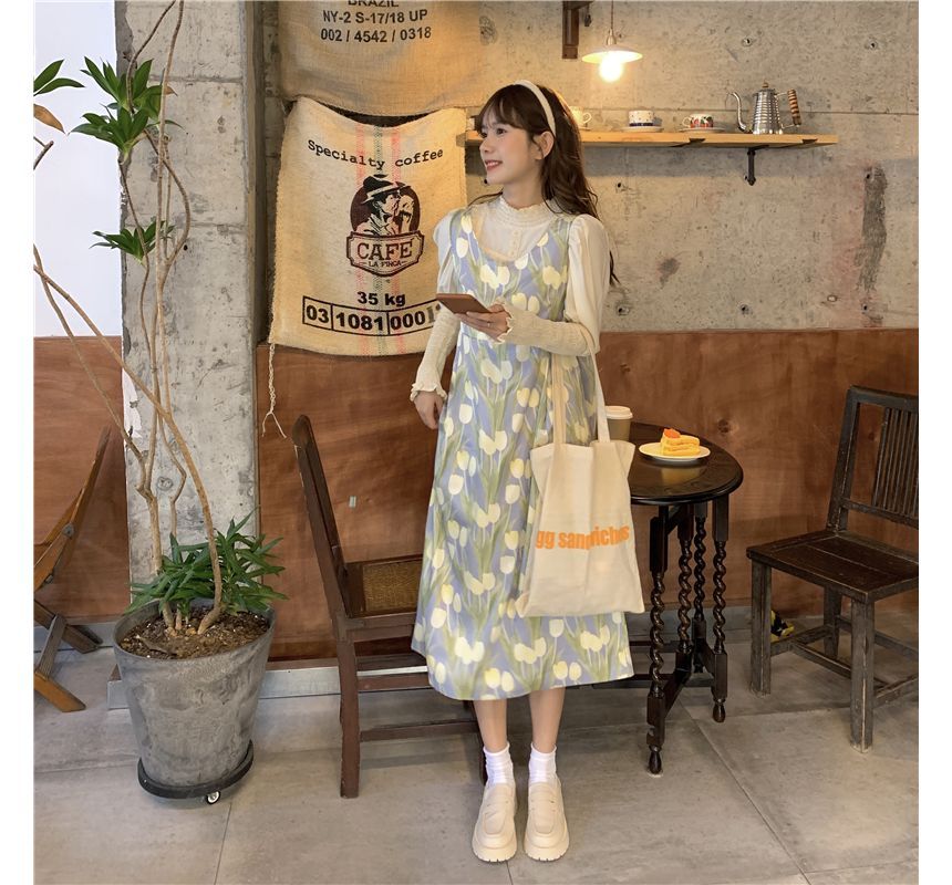 Puff-Sleeve High Neck Plain Smocked Ruffled Blouse / Floral Print Midi Overall Dress kk25 MK Kawaii Store