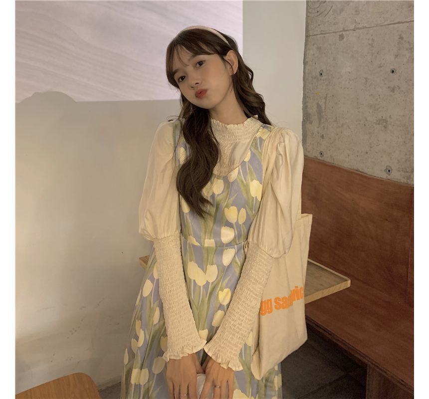 Puff-Sleeve High Neck Plain Smocked Ruffled Blouse / Floral Print Midi Overall Dress kk25 MK Kawaii Store