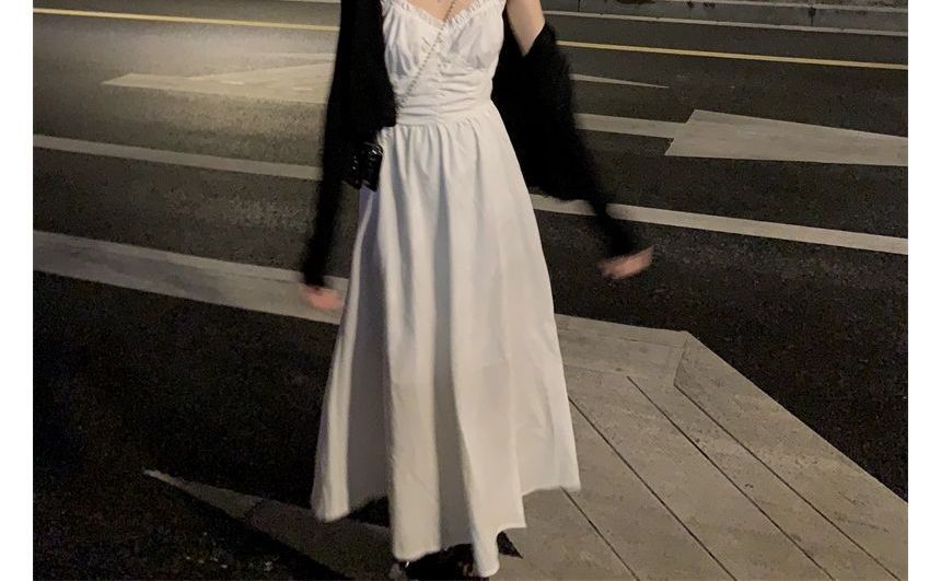 Spaghetti Strap Plain Shirred Midi A-Line Dress / V-Neck Plain Button-Up Cardigan kk24 MK Kawaii Store