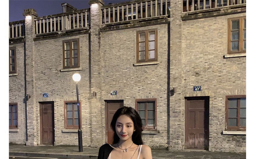 Spaghetti Strap Plain Shirred Midi A-Line Dress / V-Neck Plain Button-Up Cardigan kk24 MK Kawaii Store