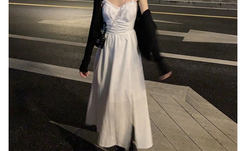 Spaghetti Strap Plain Shirred Midi A-Line Dress / V-Neck Plain Button-Up Cardigan kk24 MK Kawaii Store