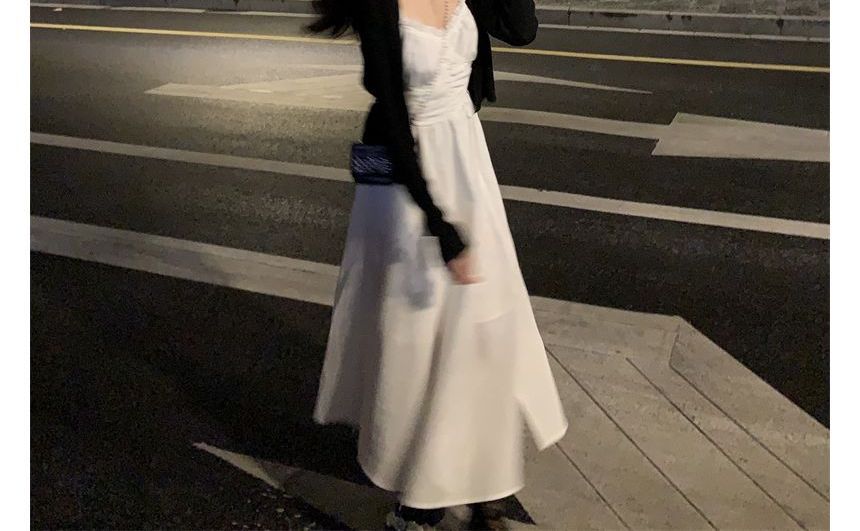 Spaghetti Strap Plain Shirred Midi A-Line Dress / V-Neck Plain Button-Up Cardigan kk24 MK Kawaii Store