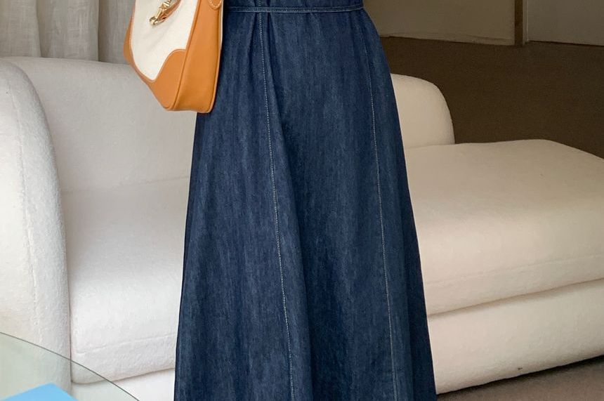 Washed Midi Denim Overall Dress kk22 MK Kawaii Store
