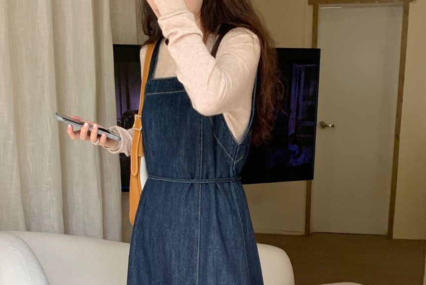 Washed Midi Denim Overall Dress kk22 MK Kawaii Store