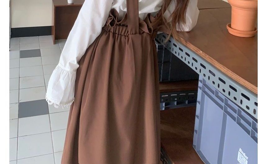 Flared-Cuff Lace Trim Button-Up Shirt / Plain Midi Jumper Dress kk21 MK Kawaii Store