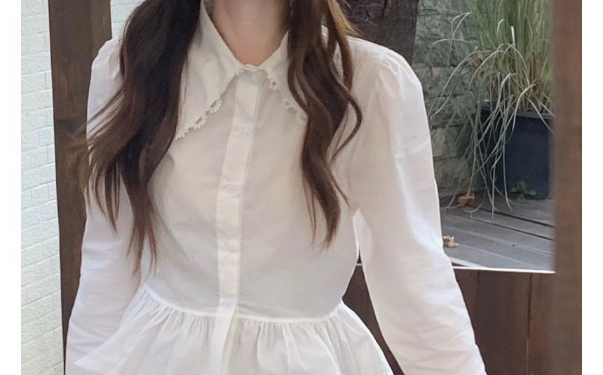 Flared-Cuff Lace Trim Button-Up Shirt / Plain Midi Jumper Dress kk21 MK Kawaii Store