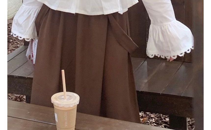 Flared-Cuff Lace Trim Button-Up Shirt / Plain Midi Jumper Dress kk21 MK Kawaii Store