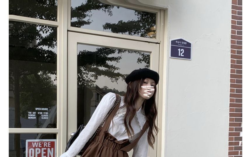 Flared-Cuff Lace Trim Button-Up Shirt / Plain Midi Jumper Dress kk21 MK Kawaii Store