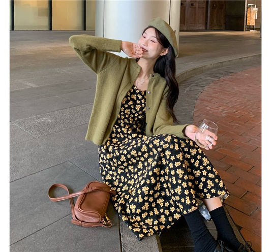 Spaghetti Strap Floral Print Midi A-Line Dress / V-Neck Plain Cardigan kk23 MK Kawaii Store