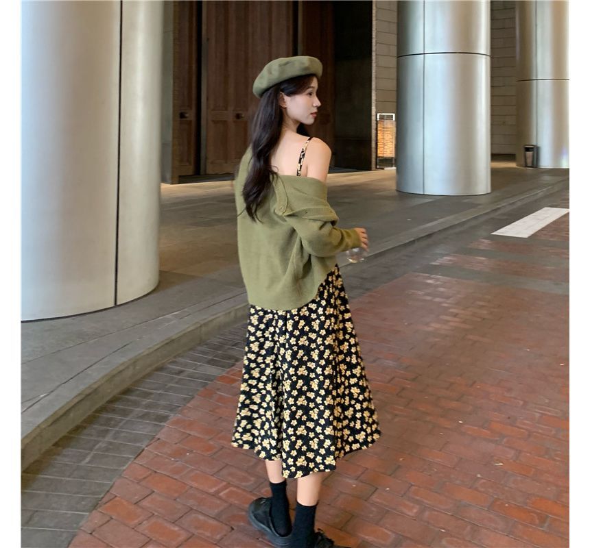 Spaghetti Strap Floral Print Midi A-Line Dress / V-Neck Plain Cardigan kk23 MK Kawaii Store