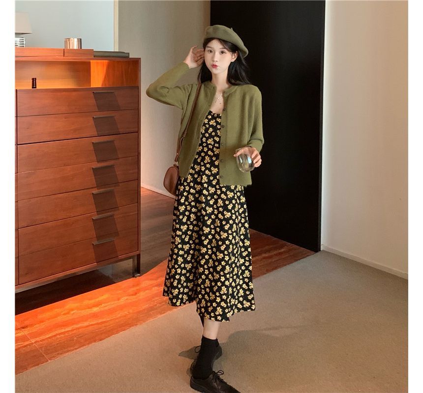 Spaghetti Strap Floral Print Midi A-Line Dress / V-Neck Plain Cardigan kk23 MK Kawaii Store