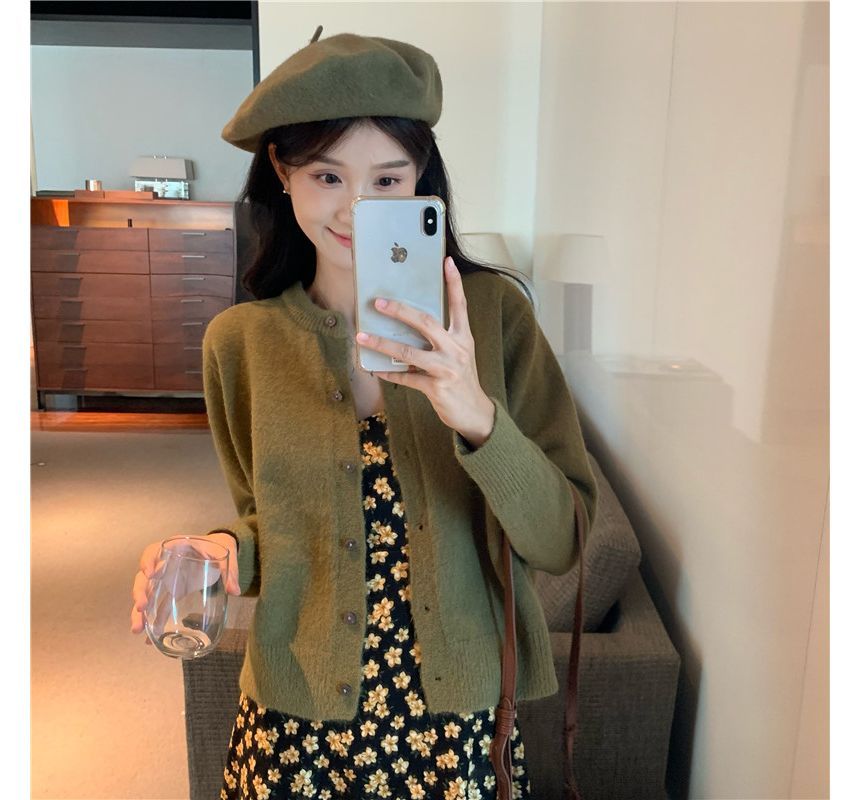 Spaghetti Strap Floral Print Midi A-Line Dress / V-Neck Plain Cardigan kk23 MK Kawaii Store