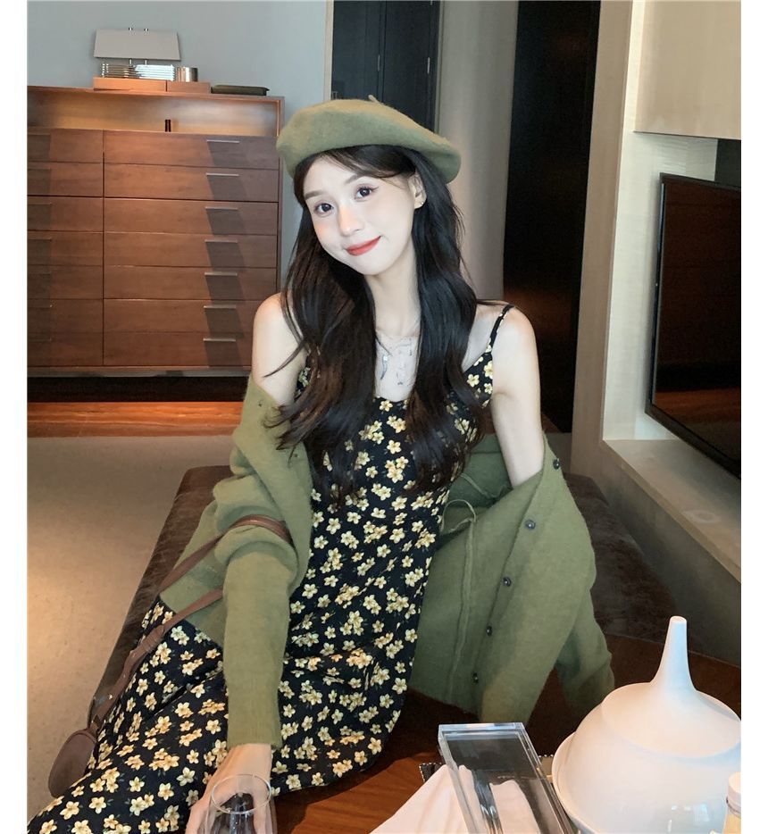 Spaghetti Strap Floral Print Midi A-Line Dress / V-Neck Plain Cardigan kk23 MK Kawaii Store