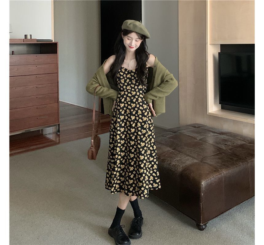 Spaghetti Strap Floral Print Midi A-Line Dress / V-Neck Plain Cardigan kk23 MK Kawaii Store