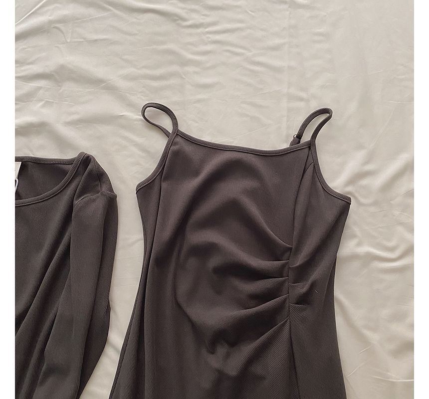 Spaghetti Strap Plain Shirred Mini A-Line Dress / Button-Up Cardigan kk27 MK Kawaii Store