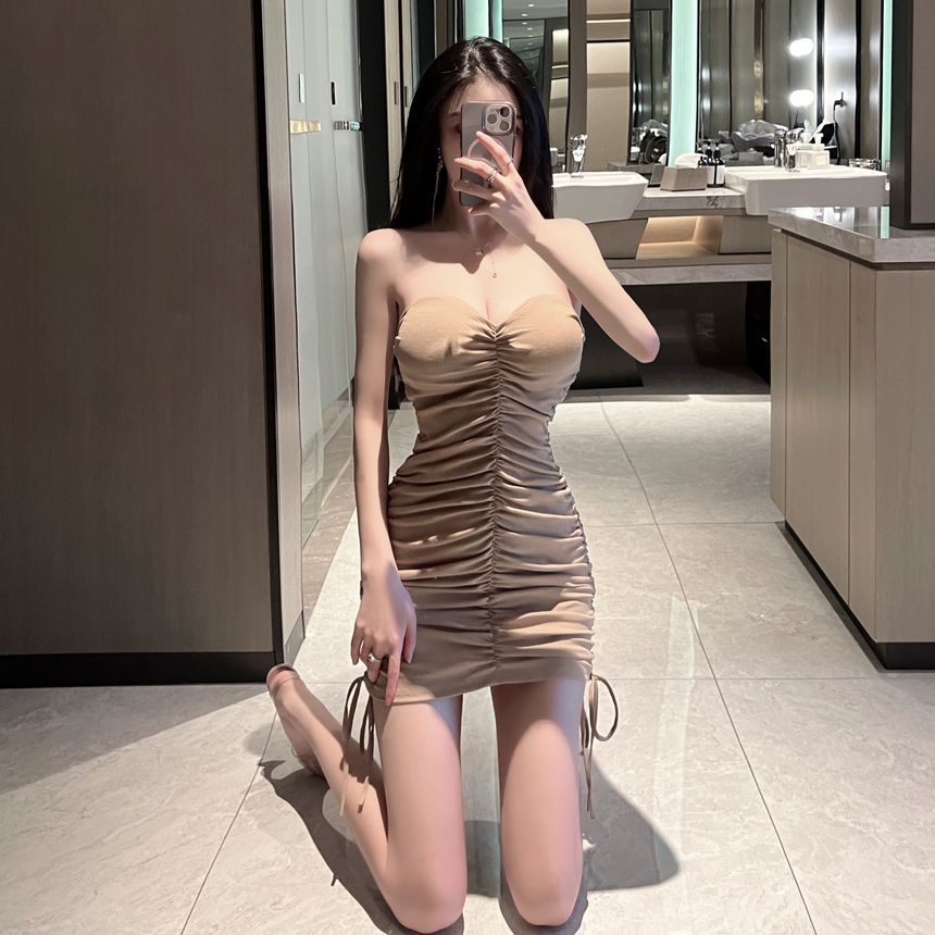 Strapless Plain Shirred Drawstring Mini Bodycon Dress kk34 MK Kawaii Store