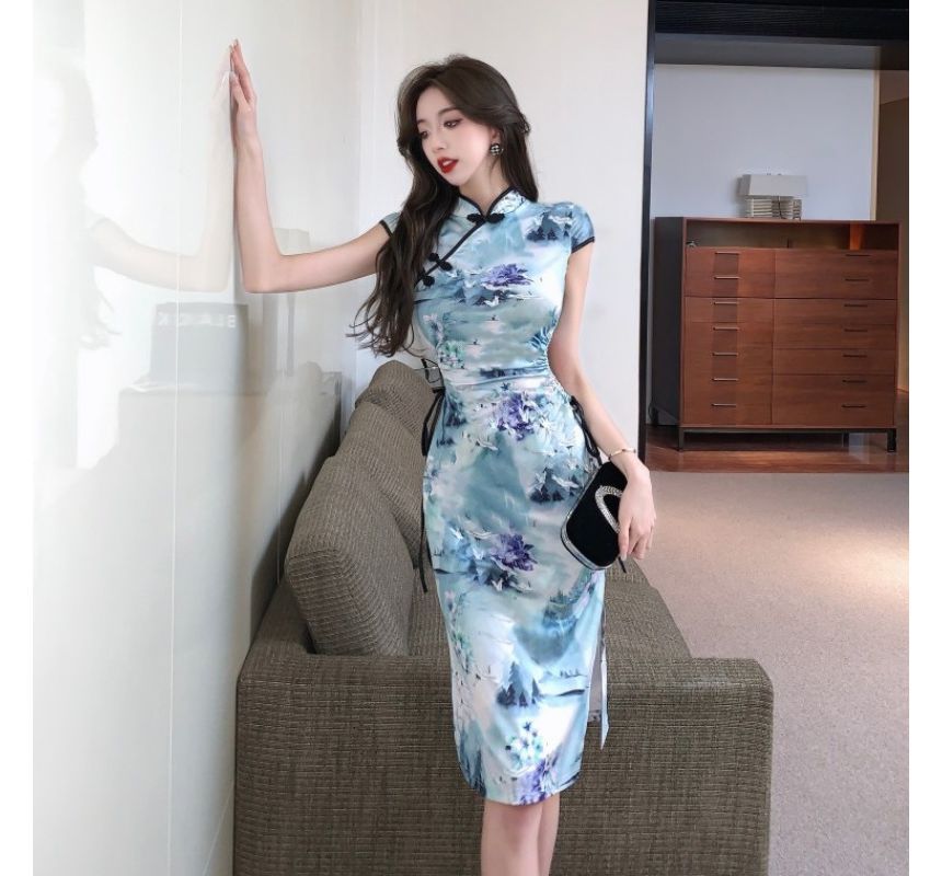 Short-Sleeve Floral Print Frog Buttoned Drawstring Midi Bodycon Dress kk36 MK Kawaii Store