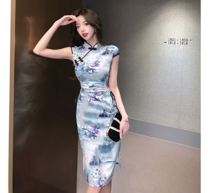 Short-Sleeve Floral Print Frog Buttoned Drawstring Midi Bodycon Dress kk36 MK Kawaii Store