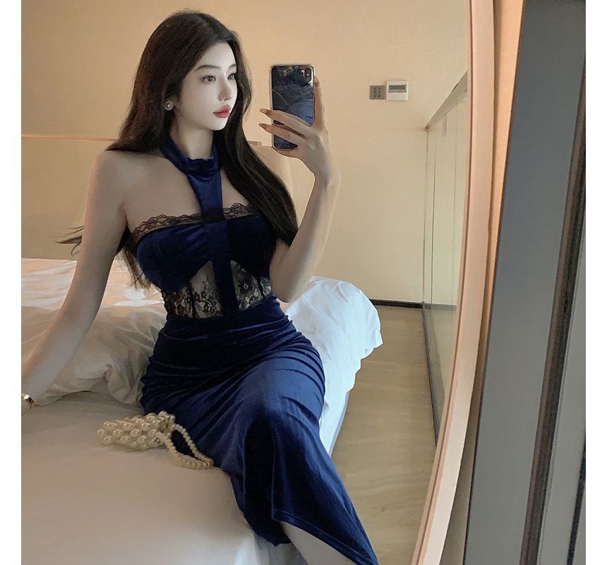 Halter-Neck Lace Panel Midi Velvet Mermaid Dress kk31 MK Kawaii Store