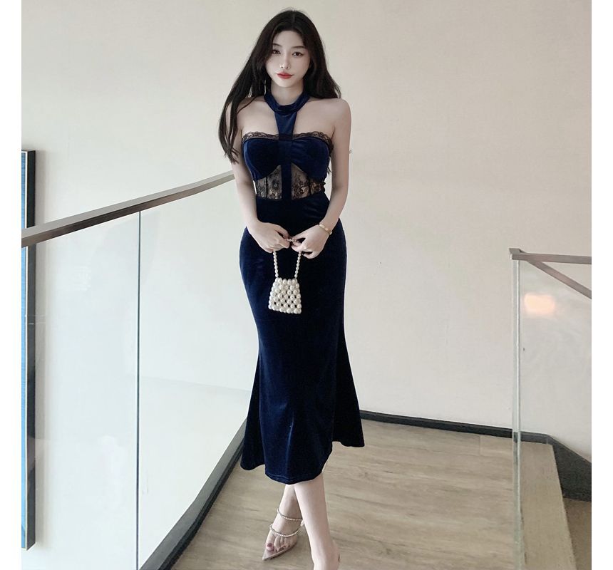 Halter-Neck Lace Panel Midi Velvet Mermaid Dress kk31 MK Kawaii Store