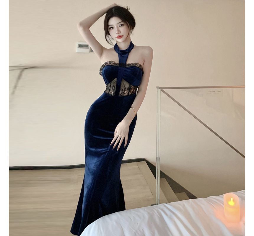 Halter-Neck Lace Panel Midi Velvet Mermaid Dress kk31 MK Kawaii Store