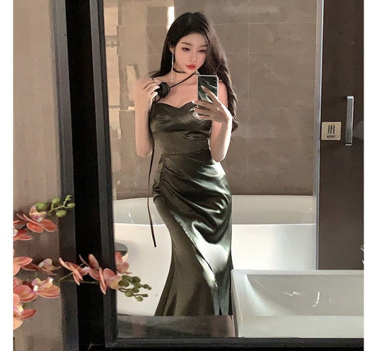 Spaghetti Strap Plain Shirred Midi Bodycon Dress kk33 MK Kawaii Store