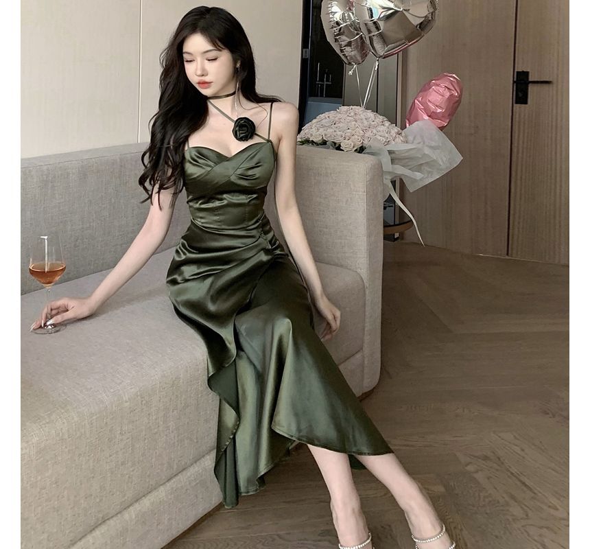 Spaghetti Strap Plain Shirred Midi Bodycon Dress kk33 MK Kawaii Store