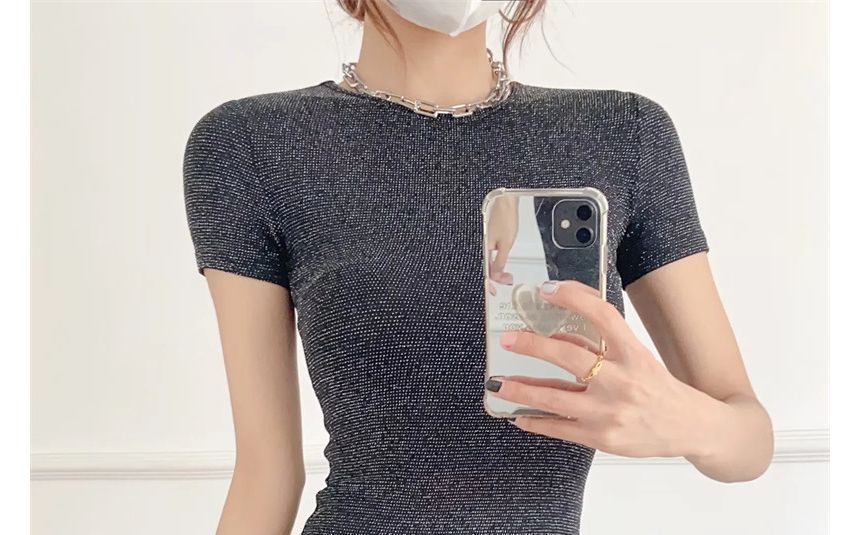 Short-Sleeve Crew Neck Glitter Mini Sheath Dress kk5 MK Kawaii Store