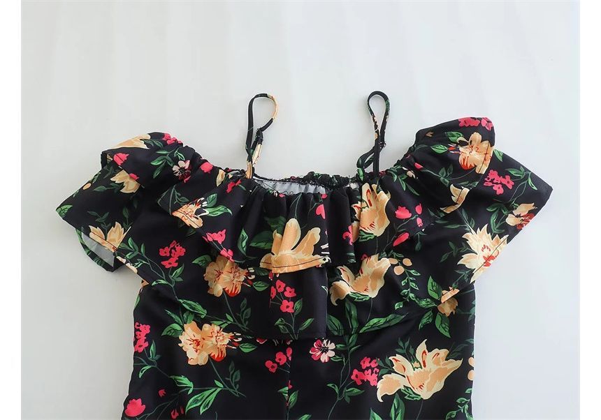 Cold-Shoulder Floral Ruffle Midi A-Line Dress kk6 MK Kawaii Store