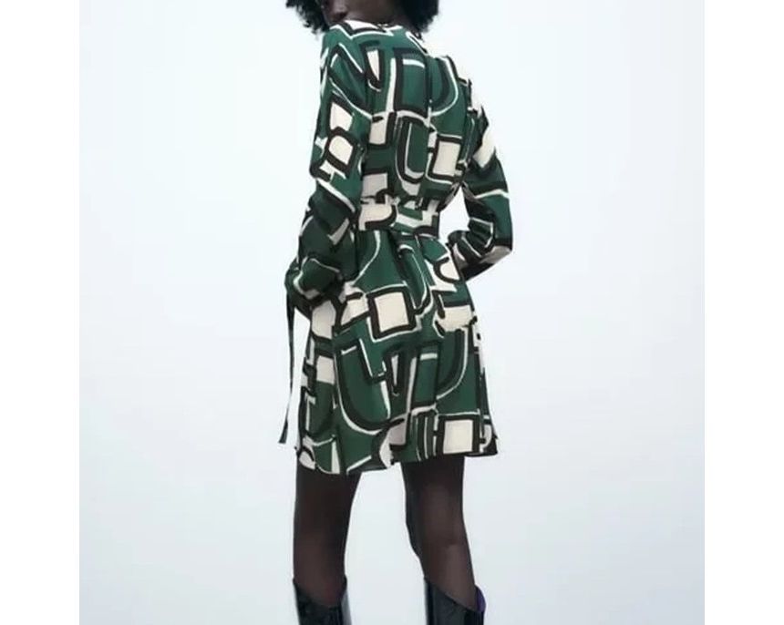 Long-Sleeve Crew Neck Patterned Tie-Waist Mini Smock Dress kk10 MK Kawaii Store