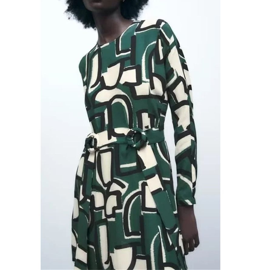 Long-Sleeve Crew Neck Patterned Tie-Waist Mini Smock Dress kk10 MK Kawaii Store