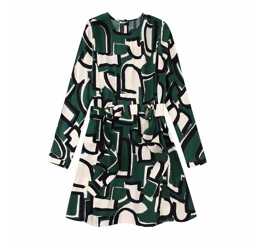 Long-Sleeve Crew Neck Patterned Tie-Waist Mini Smock Dress kk10 MK Kawaii Store