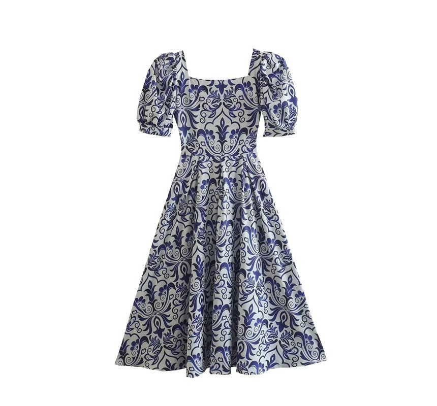 Puff-Sleeve Patterned Midi A-Line Dress kk9 MK Kawaii Store