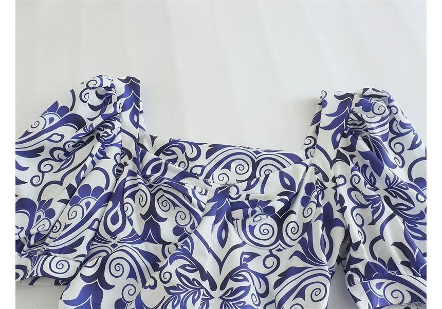 Puff-Sleeve Patterned Midi A-Line Dress kk9 MK Kawaii Store