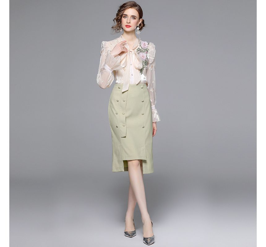 Set: Bow-Neck Ruffle Trim Embroidered Blouse + Plain Midi Pencil Skirt EE10 MK Kawaii Store