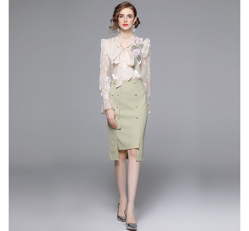 Set: Bow-Neck Ruffle Trim Embroidered Blouse + Plain Midi Pencil Skirt EE10 MK Kawaii Store