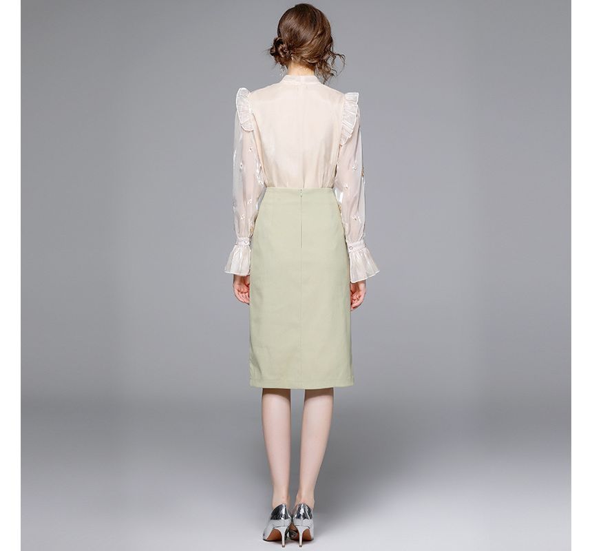 Set: Bow-Neck Ruffle Trim Embroidered Blouse + Plain Midi Pencil Skirt EE10 MK Kawaii Store