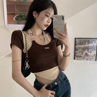 Mock Two-Piece Short-Sleeve Halter Crop Top WI36 MK Kawaii Store